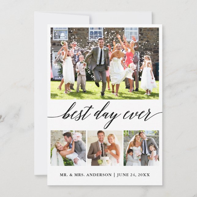 Calligraphy Best Day Ever 4 Photo Wedding Thank You Card (Front)