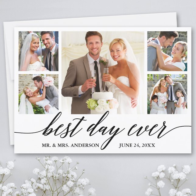 Calligraphy Best Day Ever Wedding 5 Photo Thank You Card (Customize to add text or more photos to back of card.)