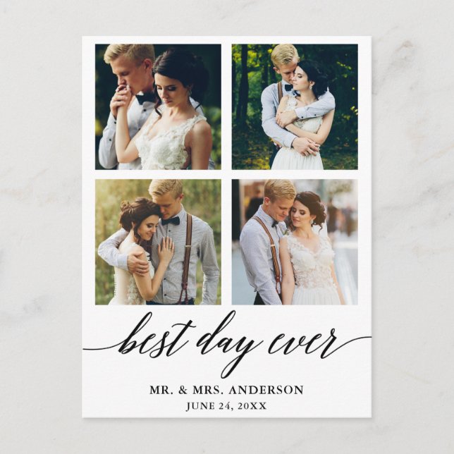 Calligraphy Best Day Ever Wedding Photo Thank You Postcard (Front)