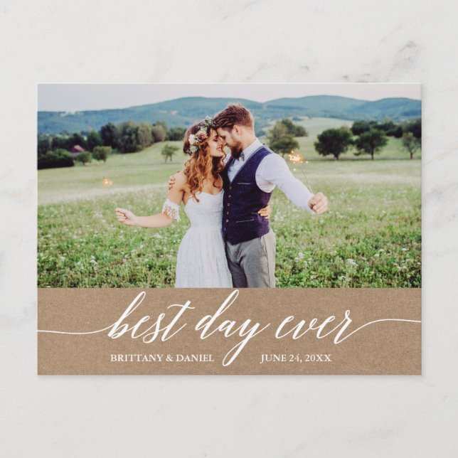 Calligraphy Best Day Ever Wedding Thank You Kraft Postcard (Front)