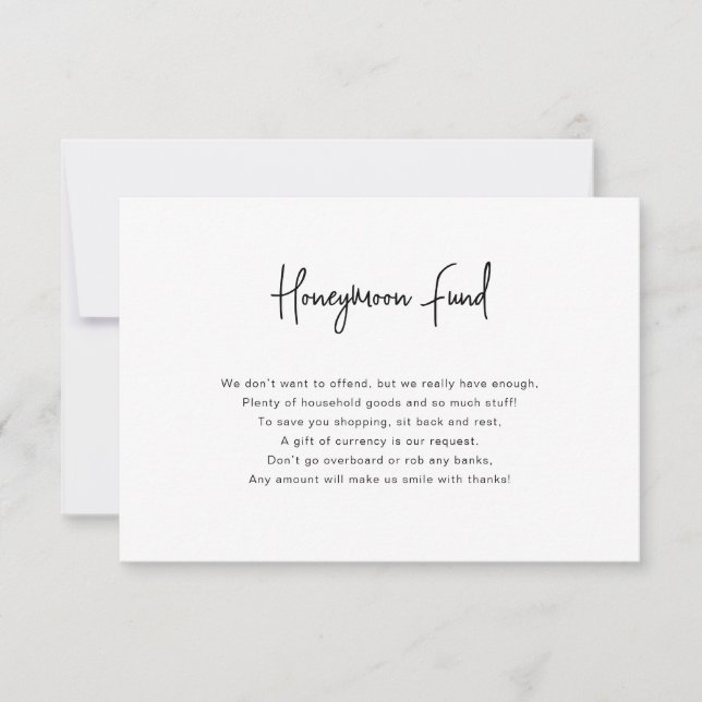 Calligraphy Black and White Honeymoon Fund card (Front)
