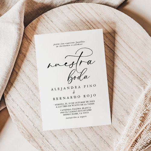 Calligraphy Black and White Nuestra Boda Wedding Invitation