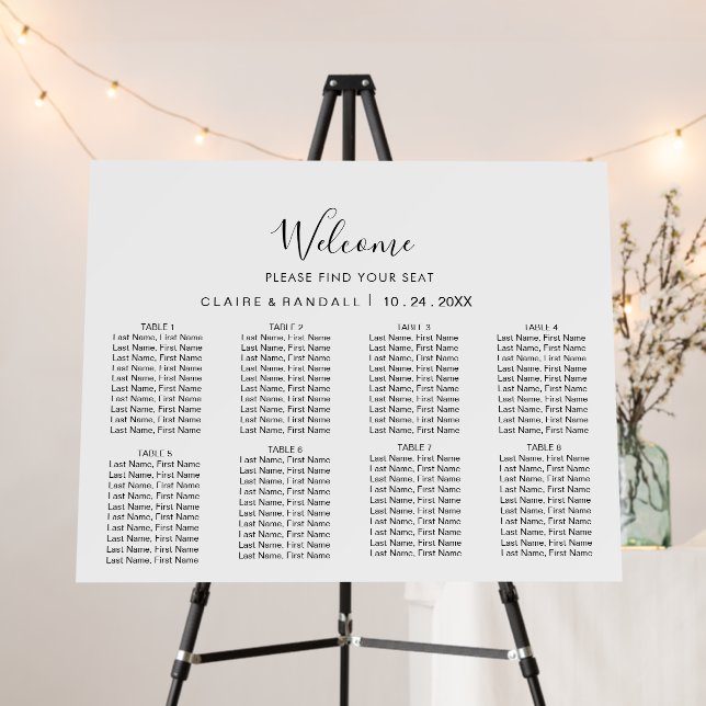 Calligraphy Black and White Wedding Seating Chart  Foam Board (In Situ (Stand))