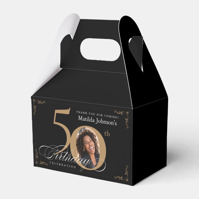 Calligraphy Black Gold Custom Photo 50th Birthday Favor Boxes (Front Side)