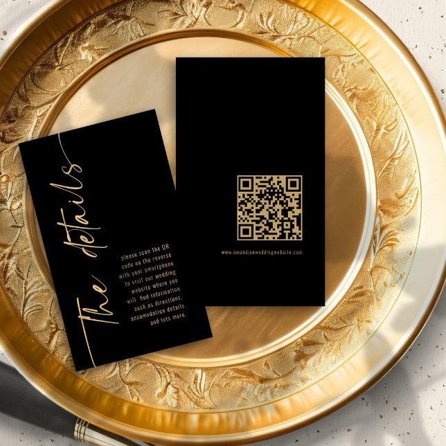 Calligraphy Black Gold QR Code Wedding Details Enclosure Card (Front and back view)