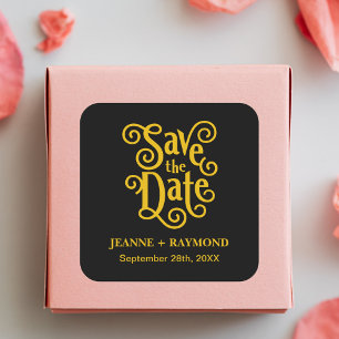 Calligraphy Black Gold Wedding Save the Date Square Sticker