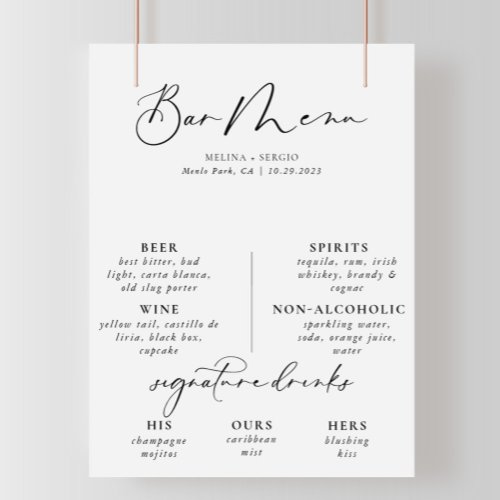 Calligraphy Black Gray Wedding Bar Menu Poster
