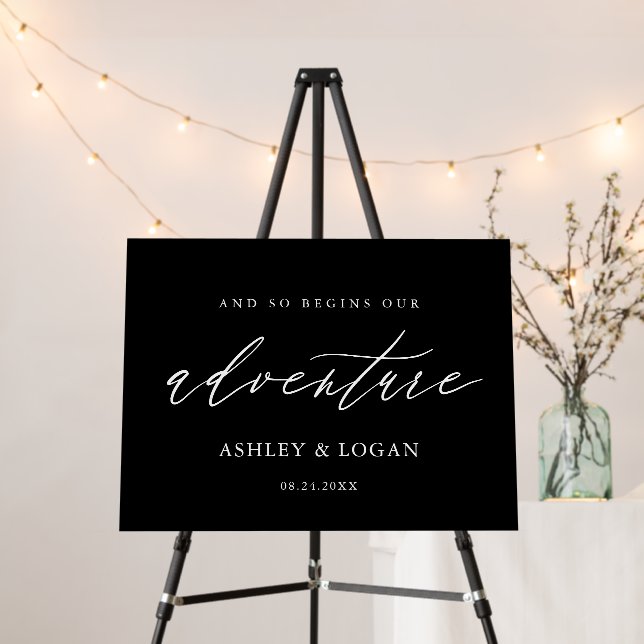 Calligraphy Black kWedding Adventure Welcome Sign (In Situ (Stand))