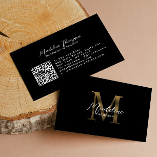 Calligraphy Black Metallic Gold Monogram QR Code Business Card