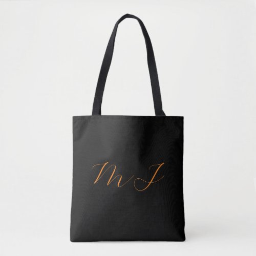 Calligraphy black orange monogram name initial tote bag