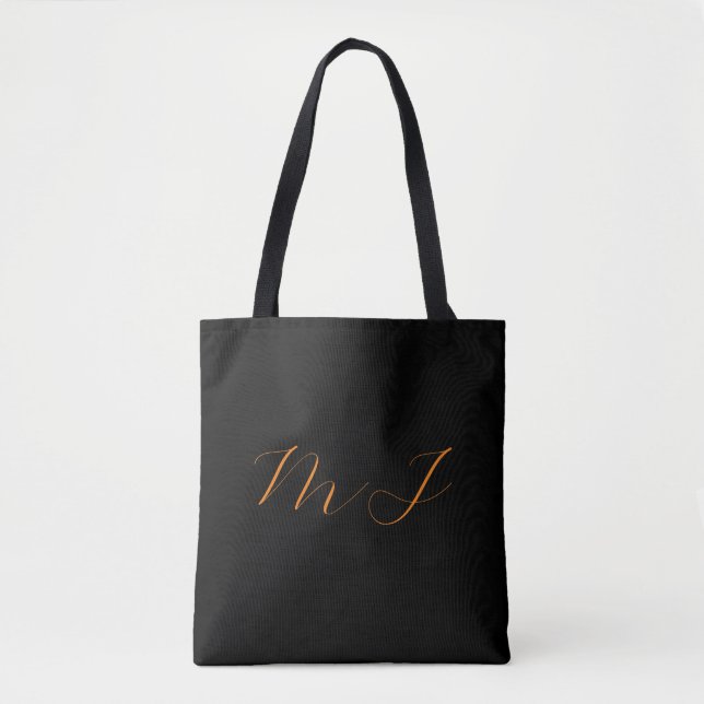 Calligraphy black orange monogram name initial tote bag (Front)