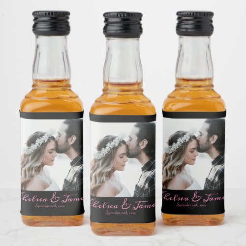 Calligraphy Black  Pink Wedding Photo Liquor Bottle Label