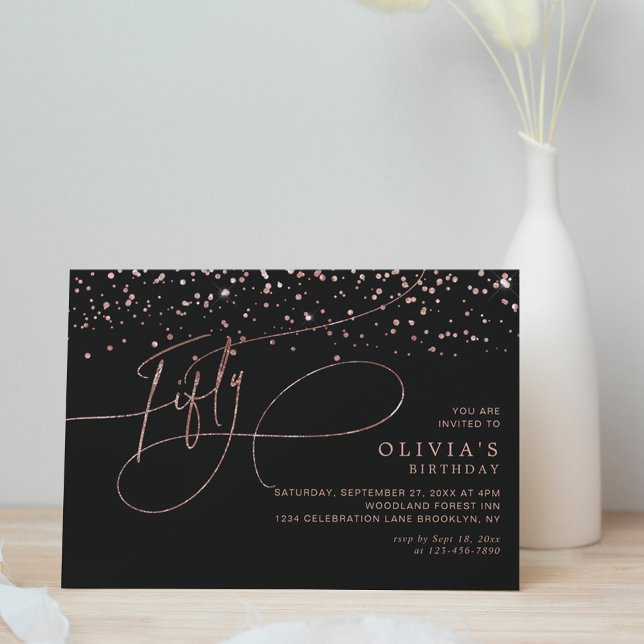 Calligraphy Black Rose Gold Confetti 50th Birthday Invitation (Creator Uploaded)