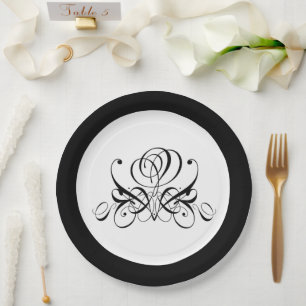 Calligraphy Black Rose Wedding Paper Plates