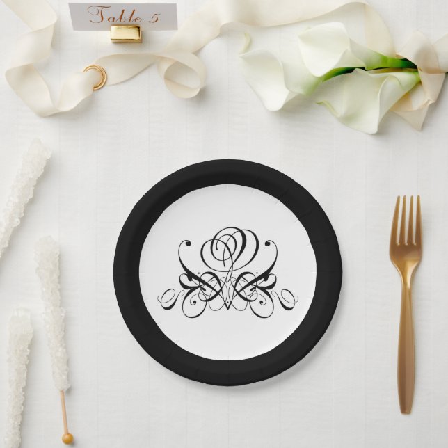 Calligraphy Black Rose Wedding Paper Plates (Wedding)