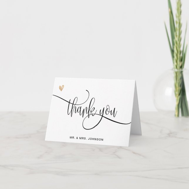 Calligraphy Black Script Gold Heart Simple Thank You Card (Front)