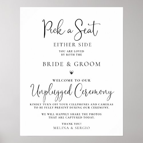 Calligraphy Black Wedding Unplugged Ceremony Poster