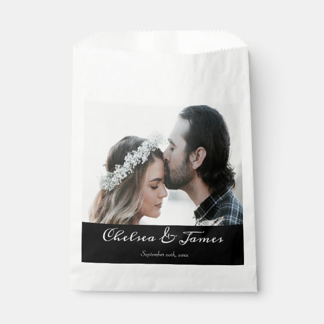 Calligraphy Black White Elegant Photo Wedding Favor Bag (Front)