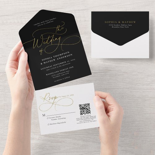 Calligraphy Black White Gold QR Code Wedding All In One Invitation