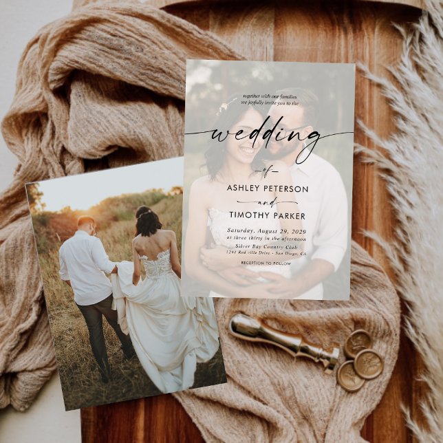 Calligraphy Black & White Overlay Photo Wedding  Invitation (Creator Uploaded)
