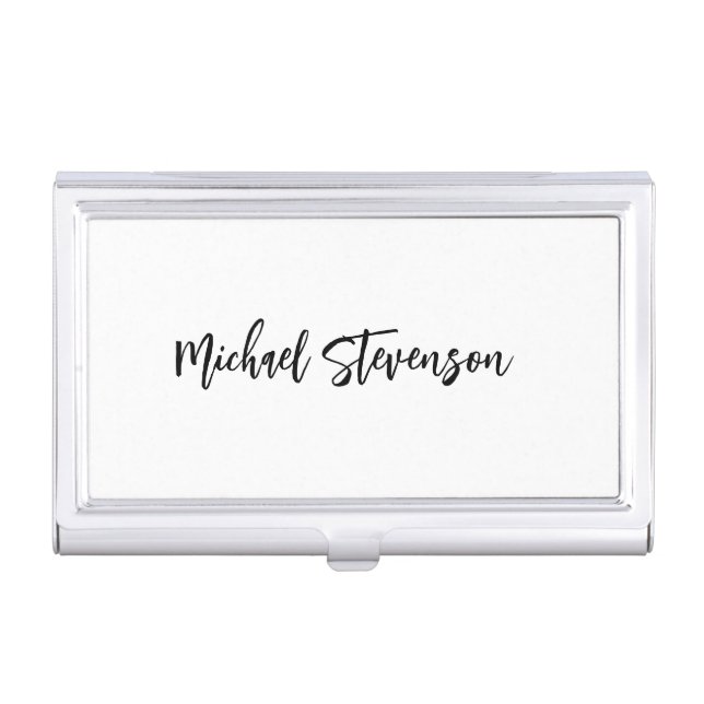 Calligraphy Black White Personalized Plain Modern Business Card Case (Front)
