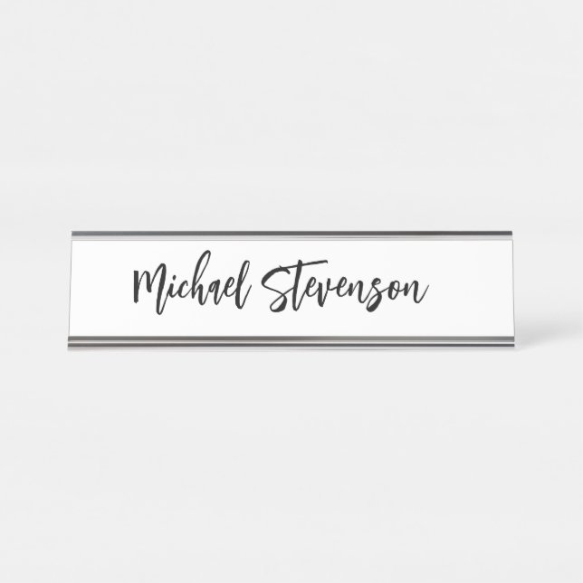 Calligraphy Black White Personalized Plain Modern Desk Name Plate (Front)