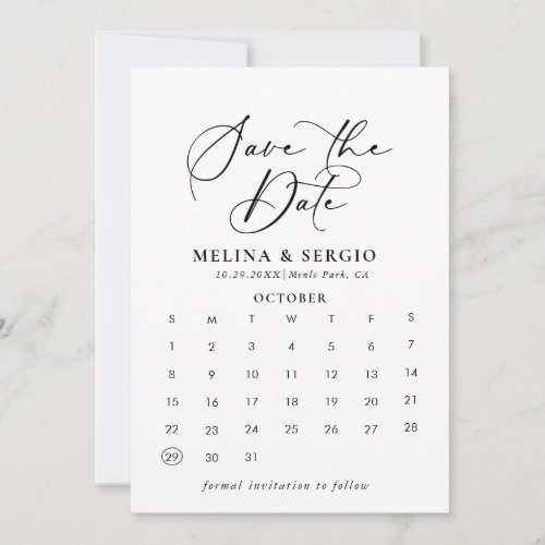Calligraphy Black White Save the Date Calendar