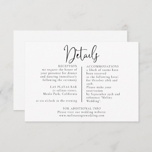 Calligraphy Black White Wedding Details  Enclosure Card