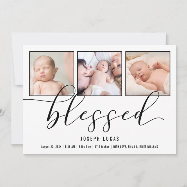 Calligraphy Blessed 3 Photos Birth Announcement (Front)