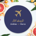 Calligraphy Blue And Gold Boarding Pass Wedding Classic Round Sticker at Zazzle