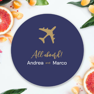 Calligraphy Blue And Gold Boarding Pass Wedding Classic Round Sticker