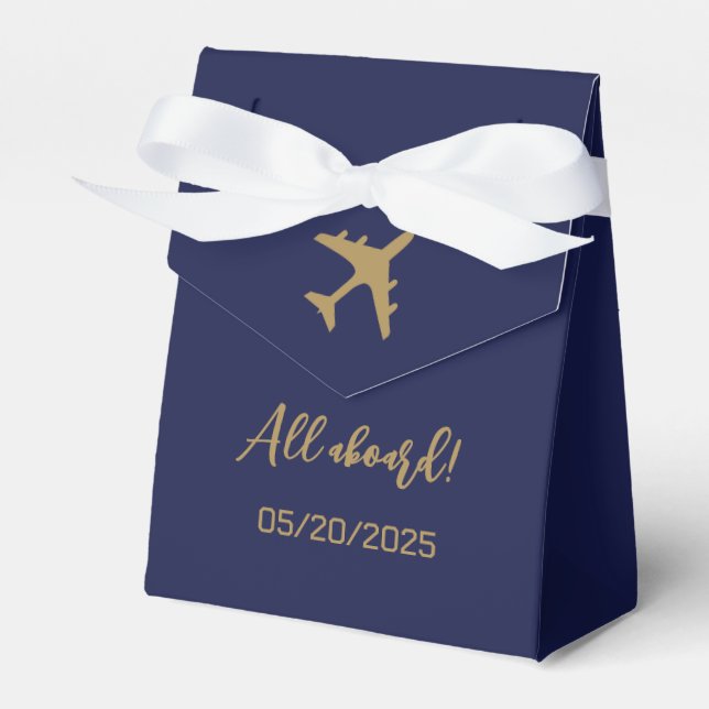 Calligraphy Blue And Gold Boarding Pass Wedding Favor Boxes (Front Side)