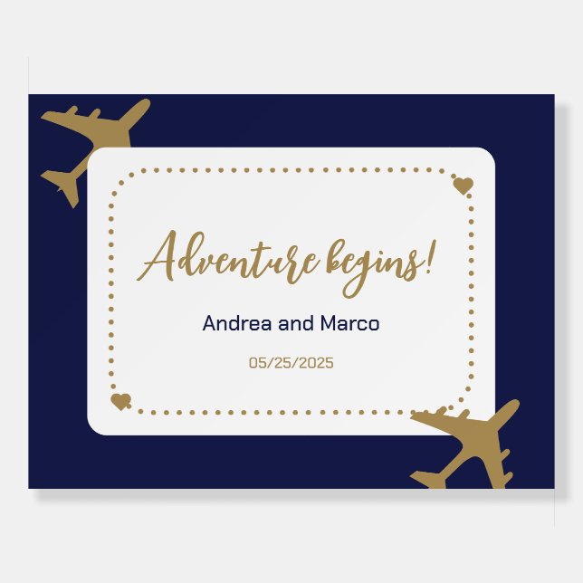 Calligraphy Blue and Gold Boarding Pass Wedding Foam Board (Front)