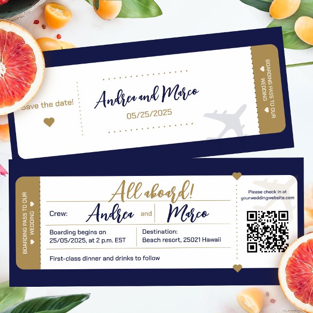 Calligraphy Blue And Gold Boarding Pass Wedding Invitation (Beach Wedding Boarding Pass Wedding Invitation)