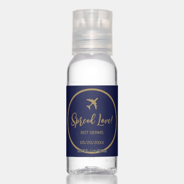 Calligraphy Blue Gold Travel Theme Wedding Favor Hand Sanitizer (Front)