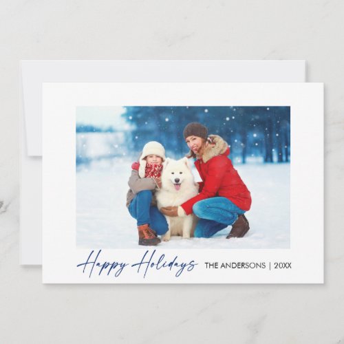 Calligraphy Blue Ink Script Happy Holidays Photo Holiday Card