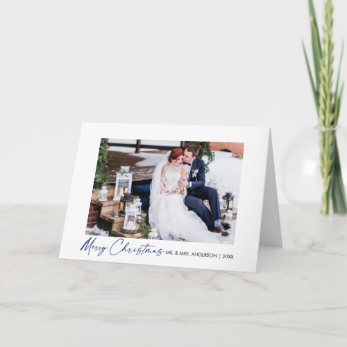 Calligraphy Blue Ink Script Wedding Fold Photo Holiday Card