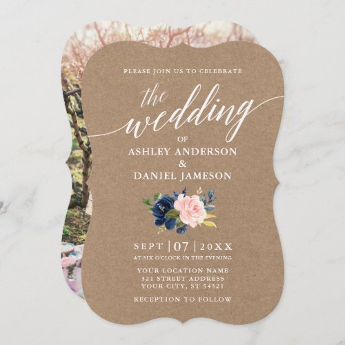 Calligraphy Blue Pink Floral Wedding Kraft Photo Invitation