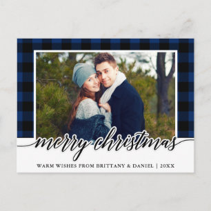 Calligraphy Blue Plaid Couple Photo Christmas Postcard
