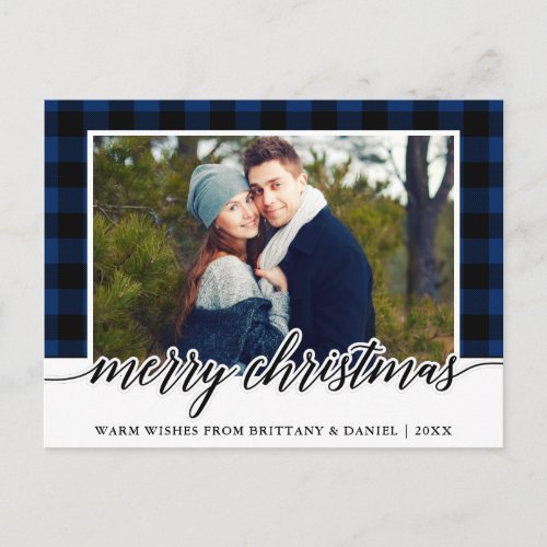 Calligraphy Blue Plaid Couple Photo Christmas Postcard