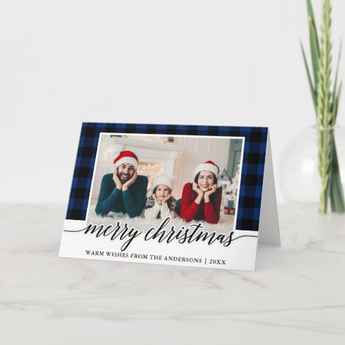 Calligraphy Blue Plaid Family Photo Christmas Fold Holiday Card