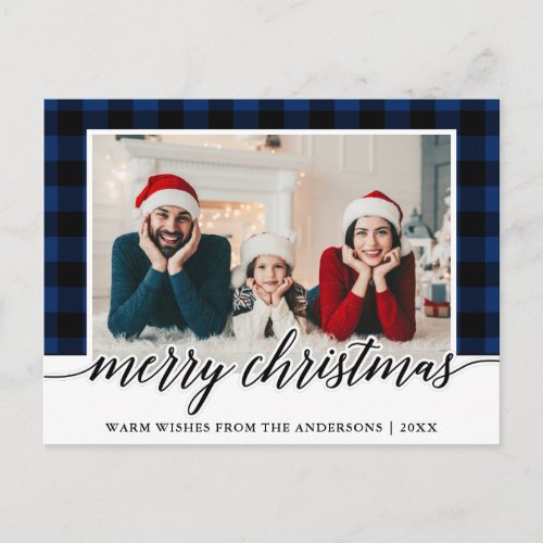 Calligraphy Blue Plaid Family Photo Christmas Postcard