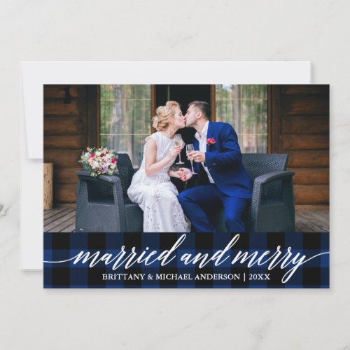 Calligraphy Blue Plaid Married and Merry Wedding Holiday Card