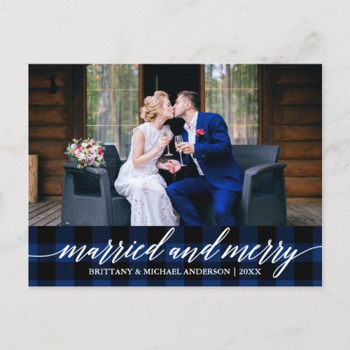 Calligraphy Blue Plaid Married and Merry Wedding Postcard