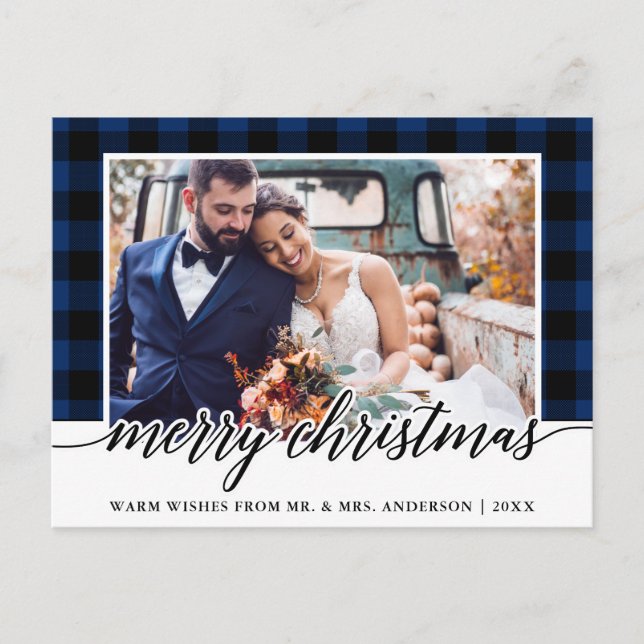 Calligraphy Blue Plaid Wedding Photo Christmas Postcard (Front)