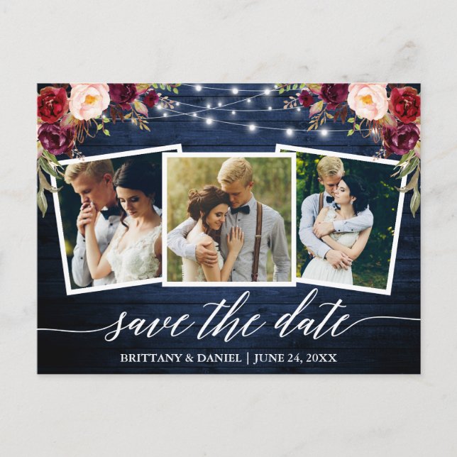 Calligraphy Blue Wood Floral Save The Date Postcard (Front)