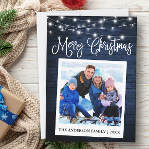 Calligraphy Blue Wood Lights Instant Camera Photo Holiday Card