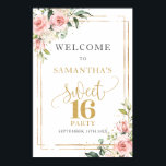 Calligraphy Blush and gold 16th birthday welcome Poster<br><div class="desc">Immerse yourself in the charm of this sophisticatedly curated design, featuring delicate pinks of vintage roses fused with the verdant freshness of eucalyptus foliage. The gold frame serves as the perfect highlight, adding a touch of opulence to the mix. This design is specifically tailored for 16th Birthday welcome poster porch...</div>