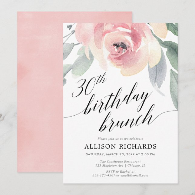 Calligraphy blush floral 30th birthday brunch invitation (Front/Back)