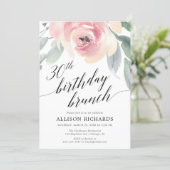 Calligraphy blush floral 30th birthday brunch invitation (Standing Front)